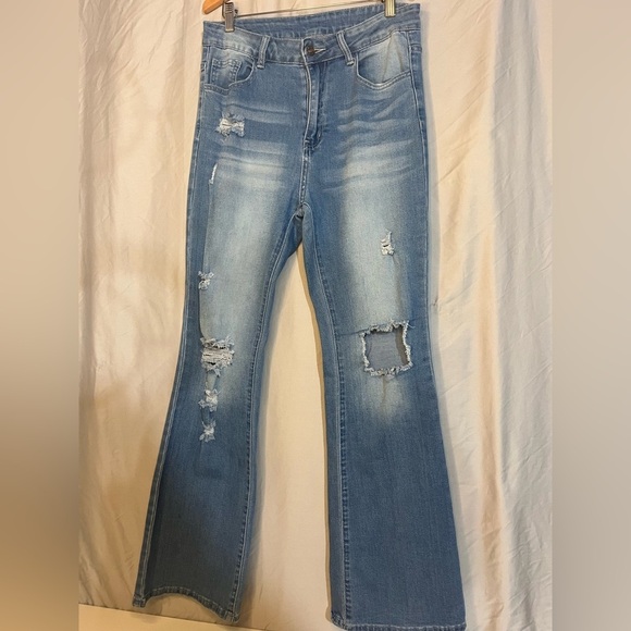 Denim - Distressed High Waist Flare Leg Women's Jeans Large 8/10